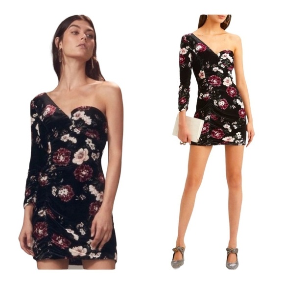 NWT NICHOLAS Black Floral Velvet One Shoulder Bodycon Mini Dress US 6 - Picture 1 of 13